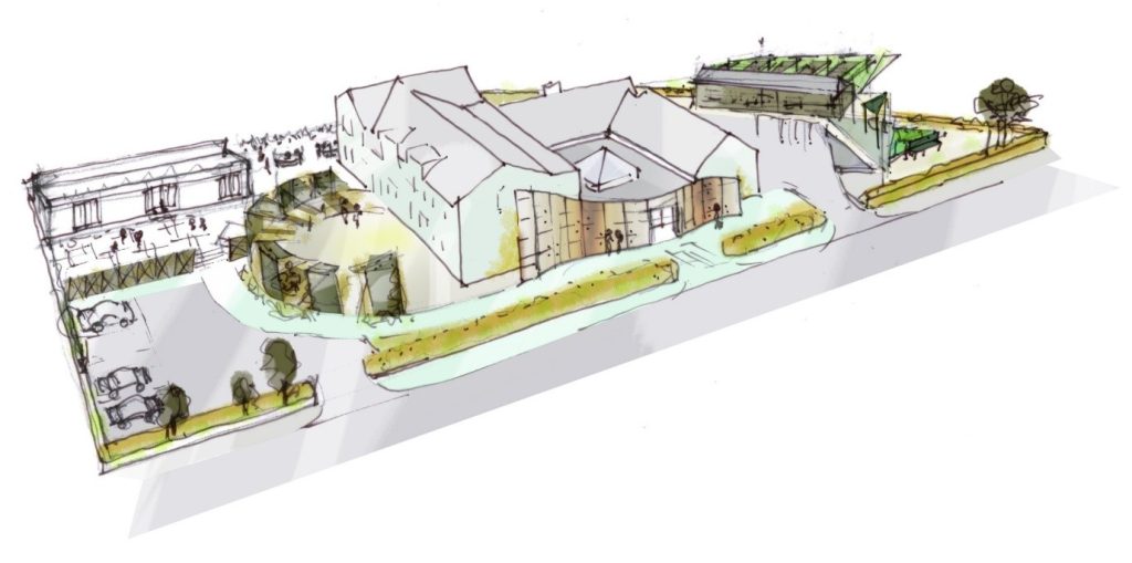 Architects sketch of the new health and wellbeing campus building at Farfield Road