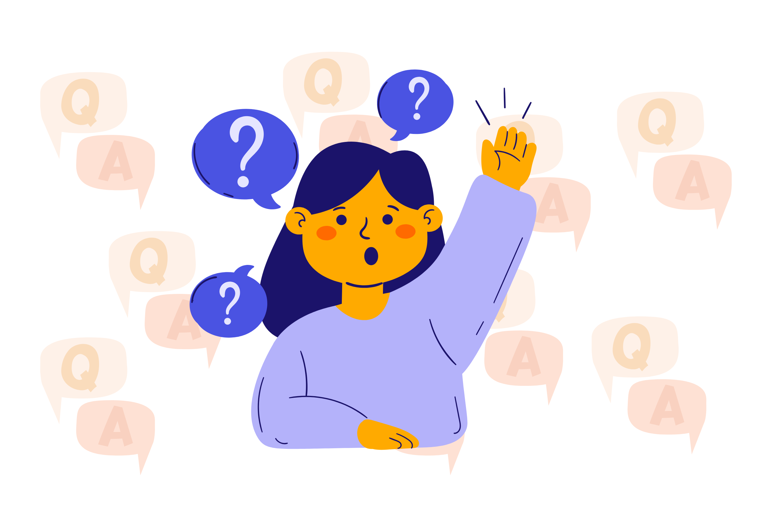 Cartoon woman with her hand up and question marks in speech bubbles above her.