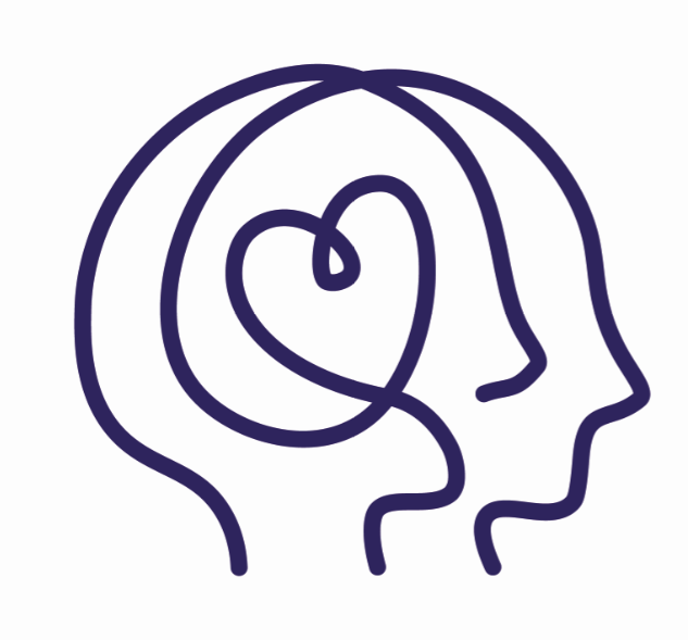 Outline of two heads overlapping each other, with a heart in the middle