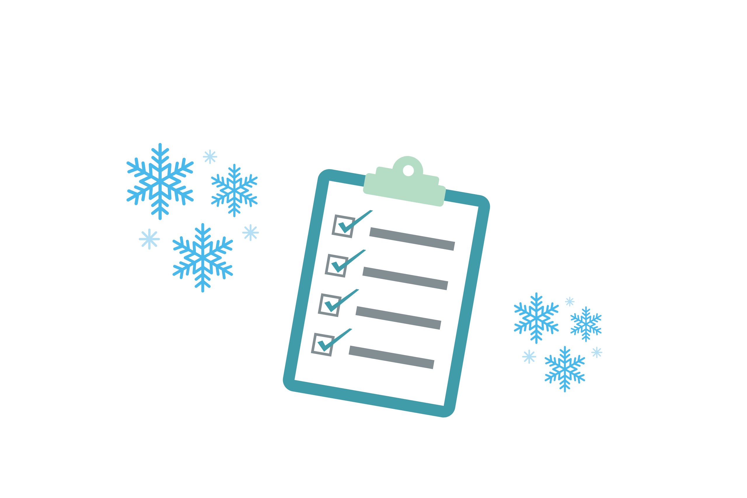 A clipboard with snow flakes either side