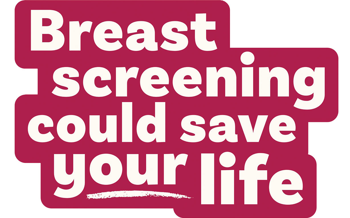 Graphic text reading “Breast screening could save your life” in bold white letters on a red background.