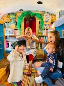 Young family aboard the Bradford Stories Bus